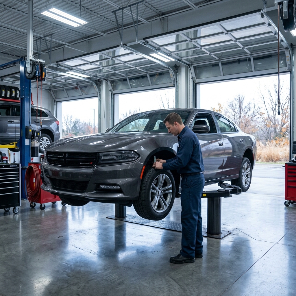 Mechanic using a tread depth gauge on a gray sedan's front tire while elevated on a hydraulic lift in a service bay. (Representative image for illustration purposes only. Actual vehicle may vary based on trim and configuration.)