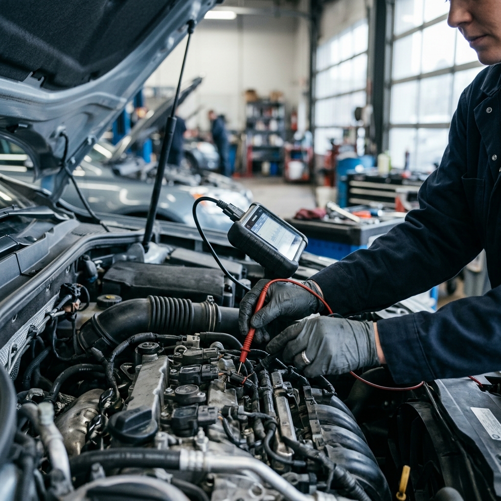 Auto mechanic wearing black gloves uses a red probe and digital diagnostic scanner to test a car engine in a garage. (Representative image for illustration purposes only. Actual vehicle may vary based on trim and configuration.)