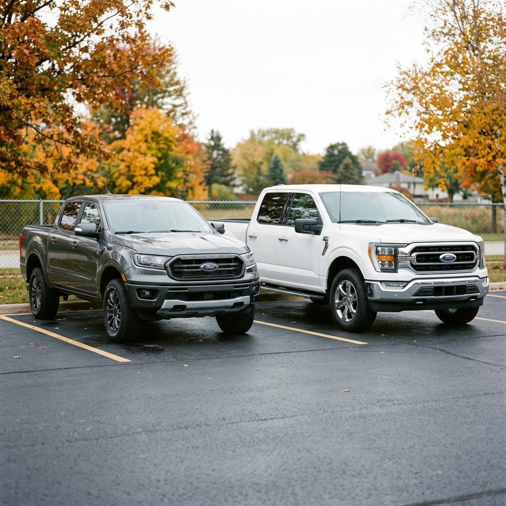 A grey Ford Ranger and a white Ford F-150 truck parked side by side in a parking lot with fall foliage behind them. (Representative image for illustration purposes only. Actual vehicle may vary based on trim and configuration.)