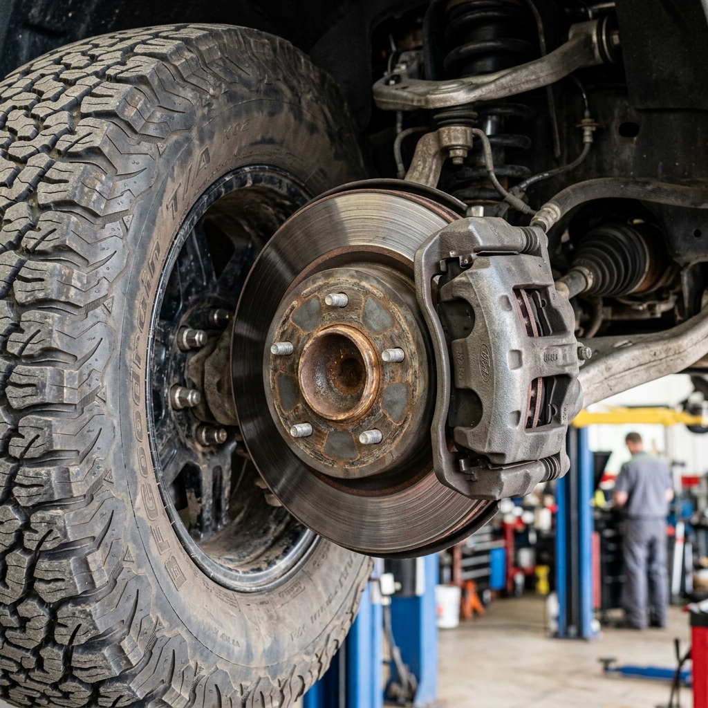 Exposed vehicle brake rotor, Ford caliper, and large off-road tire raised on a lift in a mechanic repair shop. (Representative image for illustration purposes only. Actual vehicle may vary based on trim and configuration.)