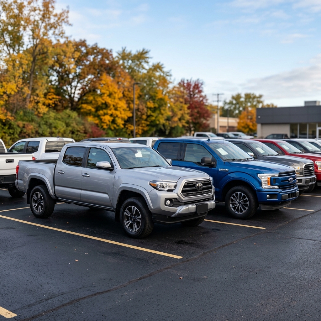 A silver Toyota Tacoma and blue Ford F-150 parked side-by-side in a car lot with colorful autumn foliage behind them. (Representative image for illustration purposes only. Actual vehicle may vary based on trim and configuration.)