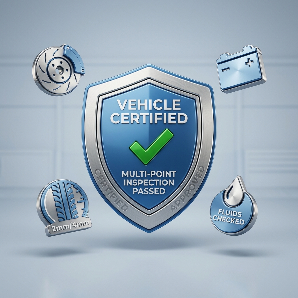 3D graphic shield reading Vehicle Certified with icons for brake, battery, tire tread, and checked fluids. (Representative image for illustration purposes only. Actual vehicle may vary based on trim and configuration.)