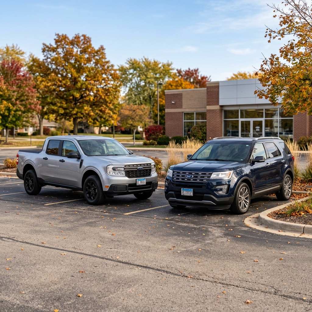 Silver Ford Maverick pickup truck and dark blue Ford Explorer SUV parked side by side in an autumn parking lot. (Representative image for illustration purposes only. Actual vehicle may vary based on trim and configuration.)
