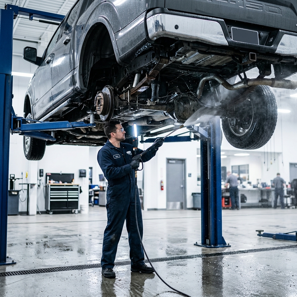 Mechanic pressure washing the undercarriage of a truck raised on a hydraulic lift in a garage. (Representative image for illustration purposes only. Actual vehicle may vary based on trim and configuration.)