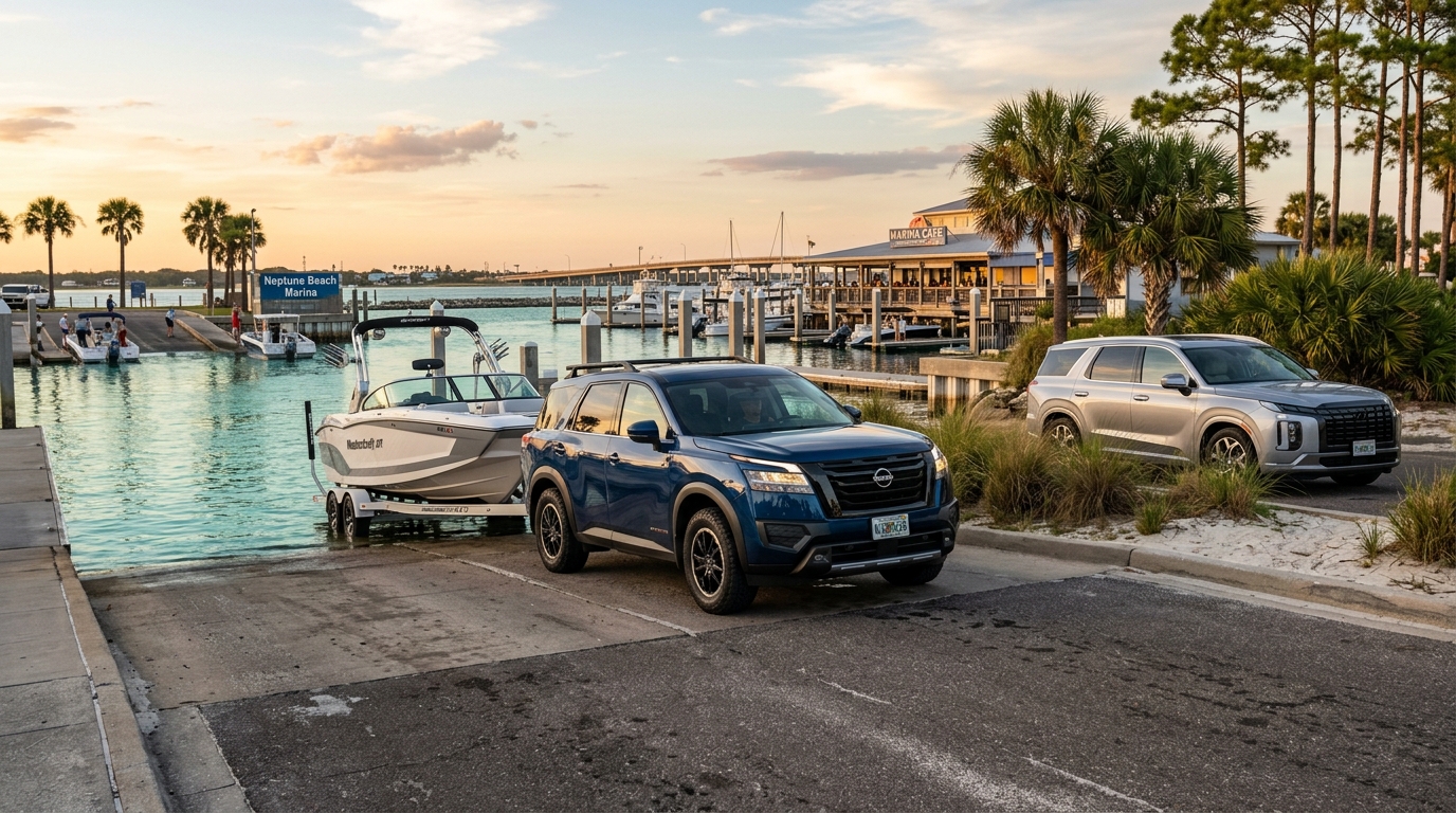 A blue SUV backing a boat on a trailer down a concrete boat ramp at a sunny coastal marina. (Representative image for illustration purposes only. Actual vehicle may vary based on trim and configuration.)
