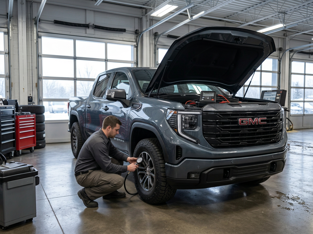 A mechanic checks the tire pressure of a grey GMC Sierra pickup truck in a well-lit service bay. (Representative image for illustration purposes only. Actual vehicle may vary based on trim and configuration.)