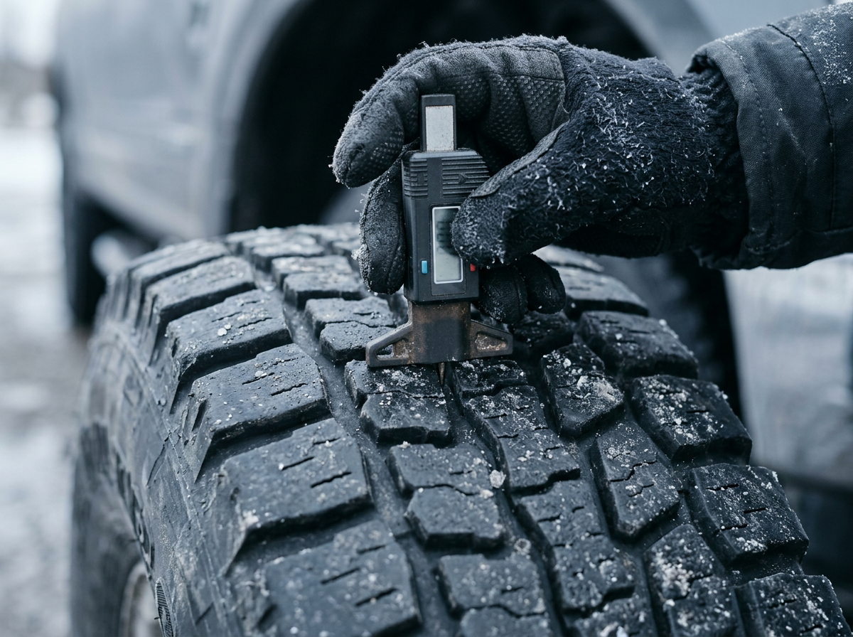 A gloved hand measuring the tread depth of a vehicle tire using a digital gauge. (Representative image for illustration purposes only. Actual vehicle may vary based on trim and configuration.)