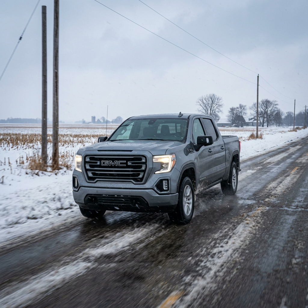 Gray GMC pickup truck driving along a wet, slushy rural road in snowy winter conditions. (Representative image for illustration purposes only. Actual vehicle may vary based on trim and configuration.)
