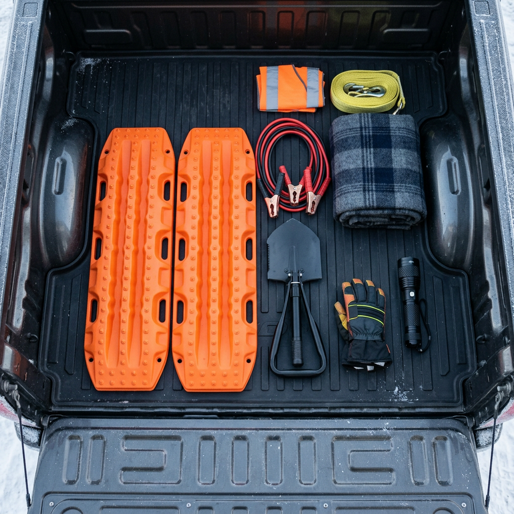 Winter vehicle emergency kit neatly laid out in a pickup truck bed, including traction boards, jumper cables, and a shovel. (Representative image for illustration purposes only. Actual vehicle may vary based on trim and configuration.)