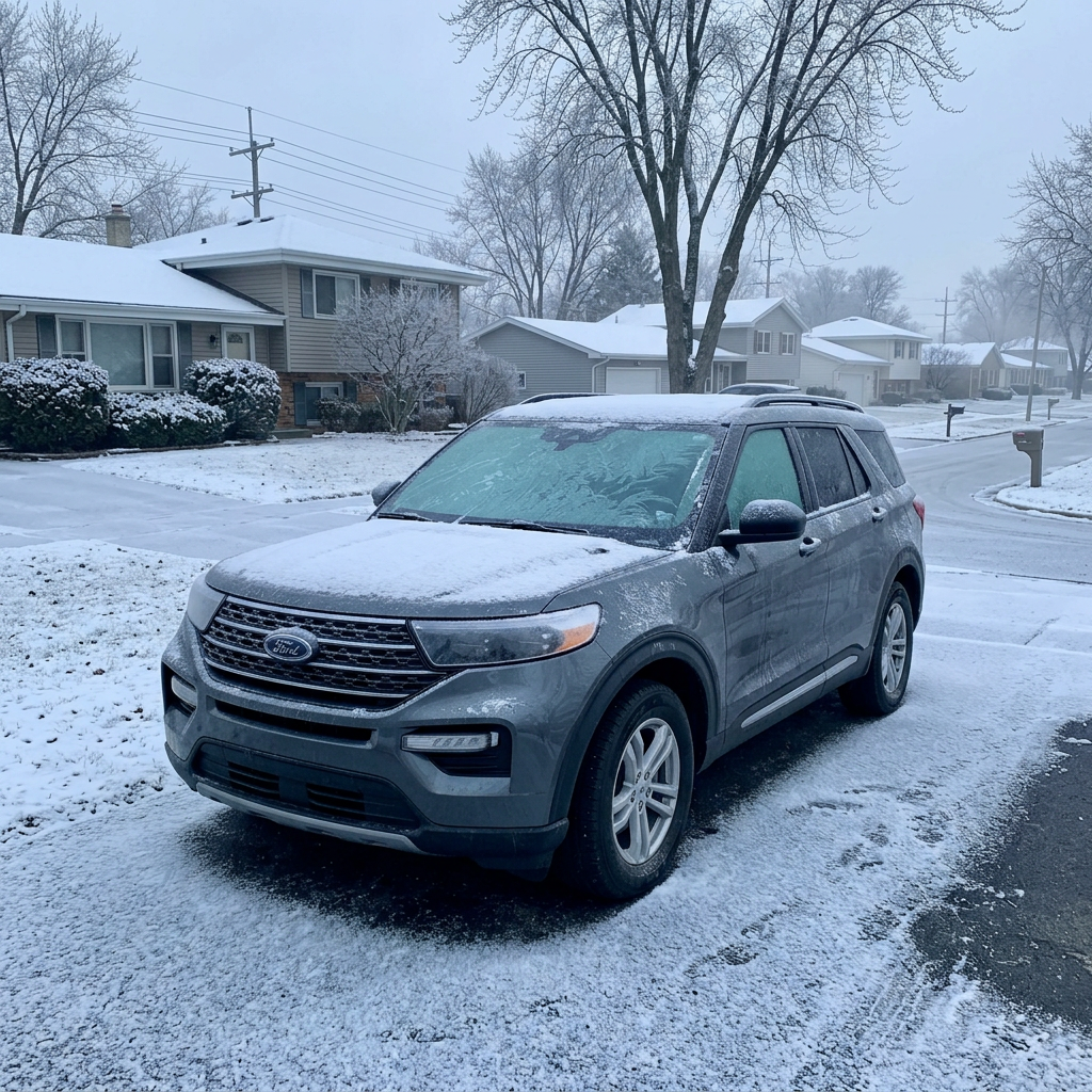 A grey Ford Explorer SUV covered in light snow parked on a driveway in a winter suburban neighborhood. (Representative image for illustration purposes only. Actual vehicle may vary based on trim and configuration.)