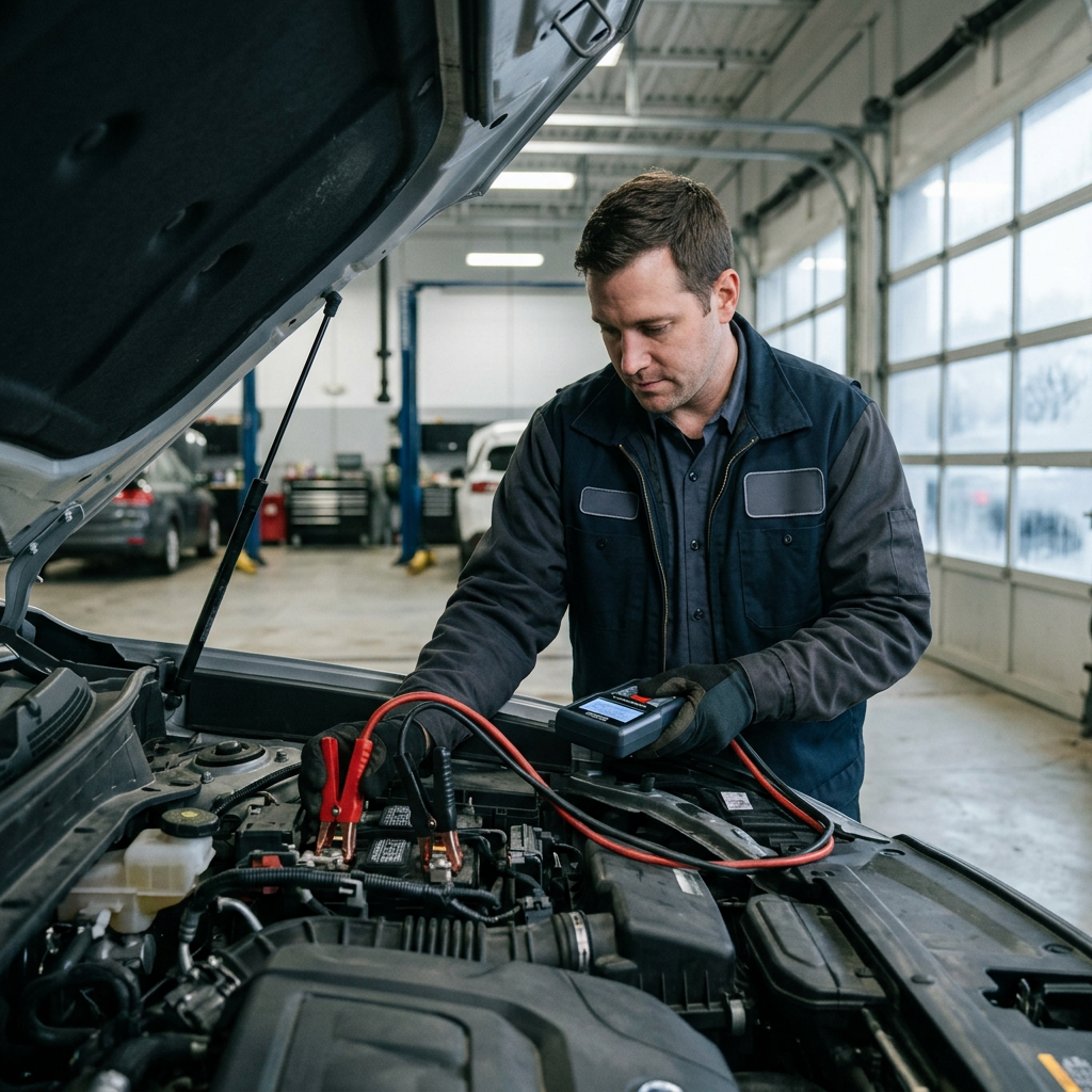 Mechanic using a digital battery tester connected to a car battery under the hood in an auto repair shop. (Representative image for illustration purposes only. Actual vehicle may vary based on trim and configuration.)