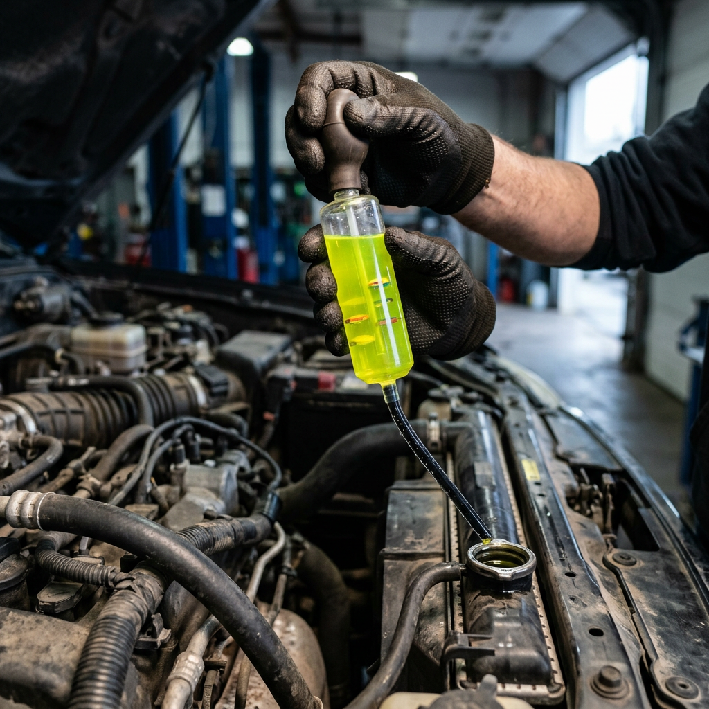 A mechanic wearing black gloves uses a hydrometer to test bright yellow engine coolant from a car radiator. (Representative image for illustration purposes only. Actual vehicle may vary based on trim and configuration.)