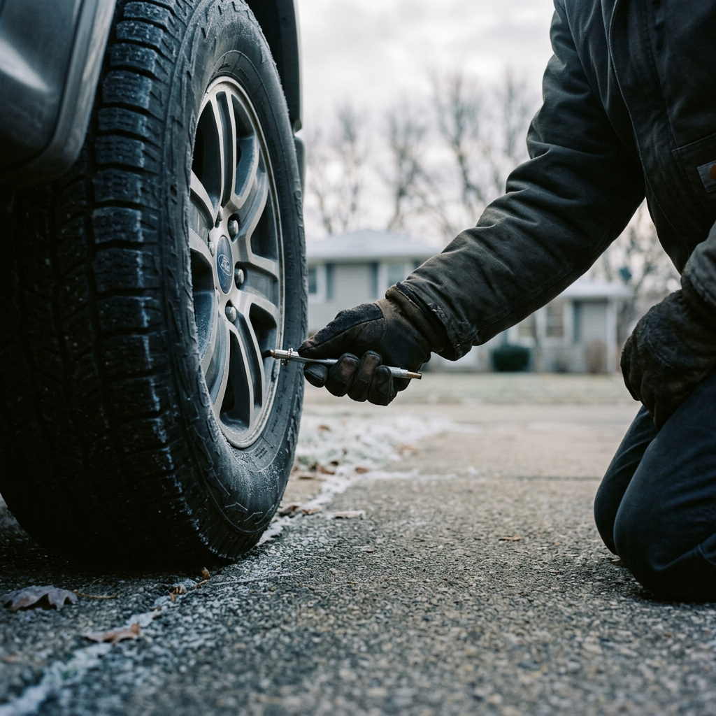 A person wearing heavy work gloves uses a pencil pressure gauge to check a car tire on a frosty driveway. (Representative image for illustration purposes only. Actual vehicle may vary based on trim and configuration.)