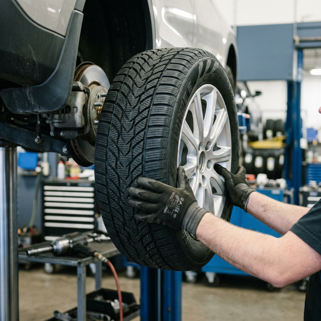 Mechanic mounting a winter tire onto a car raised on a lift in an auto repair shop. (Representative image for illustration purposes only. Actual vehicle may vary based on trim and configuration.)