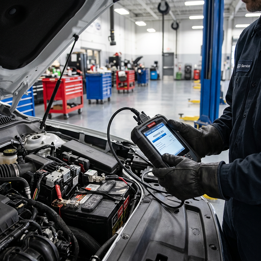 Auto mechanic holding a handheld diagnostic scanner connected to an open car engine bay in a repair shop. (Representative image for illustration purposes only. Actual vehicle may vary based on trim and configuration.)