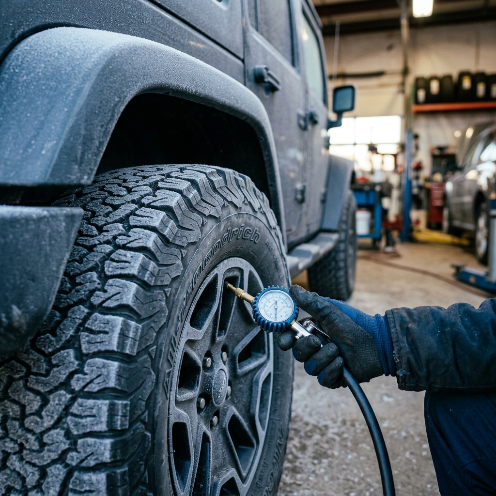 Mechanic using a pressure gauge on a frost-covered Jeep tire inside an auto repair shop. (Representative image for illustration purposes only. Actual vehicle may vary based on trim and configuration.)
