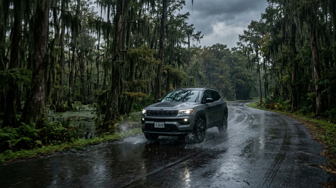 A gray Jeep driving down a wet road, splashing water in a dense bayou forest with Spanish moss. (Representative image for illustration purposes only. Actual vehicle may vary based on trim and configuration.)
