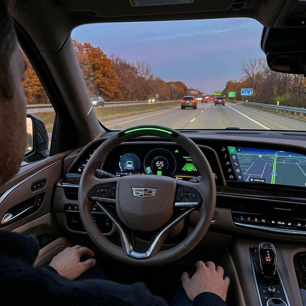 Driver resting hands on lap while Cadillac Super Cruise autonomous driving system operates on a highway at dusk. (Representative image for illustration purposes only. Actual vehicle may vary based on trim and configuration.)