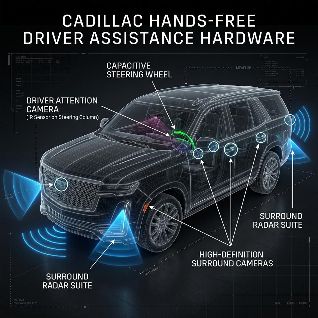 Wireframe diagram of a Cadillac SUV displaying its hands-free driver assistance sensors, cameras, and radar. (Representative image for illustration purposes only. Actual vehicle may vary based on trim and configuration.)