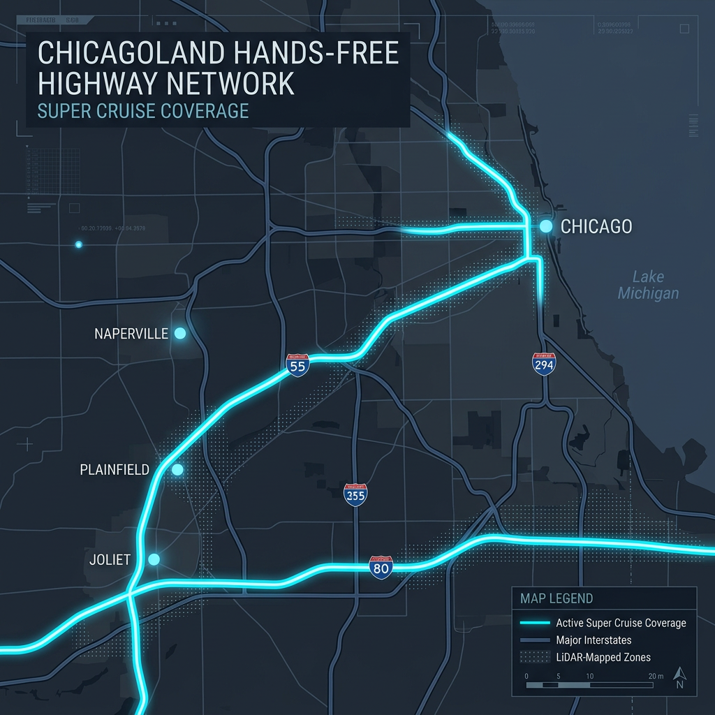 Digital map of Chicagoland displaying Super Cruise hands-free highway coverage along Interstates 55, 80, and 294. (Representative image for illustration purposes only. Actual vehicle may vary based on trim and configuration.)