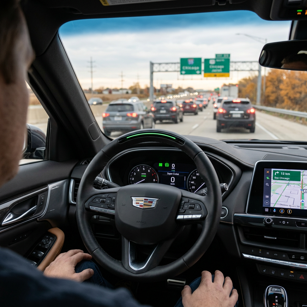 Driver resting hands in lap while Cadillac Super Cruise steering wheel illuminates green on a highway. (Representative image for illustration purposes only. Actual vehicle may vary based on trim and configuration.)