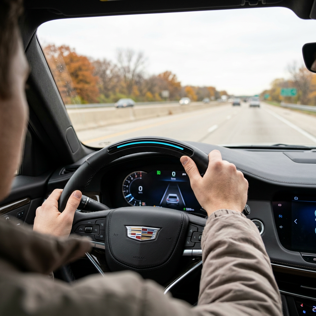 Over-the-shoulder view of a driver holding a Cadillac steering wheel with an illuminated light bar on a highway. (Representative image for illustration purposes only. Actual vehicle may vary based on trim and configuration.)