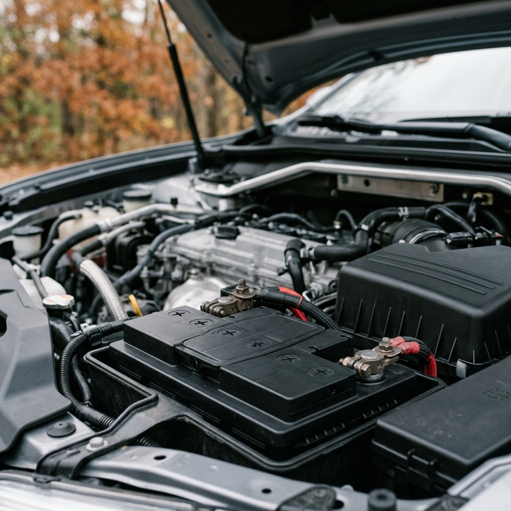 Close-up view of a car battery with terminals installed inside a clean vehicle engine compartment. (Representative image for illustration purposes only. Actual vehicle may vary based on trim and configuration.)