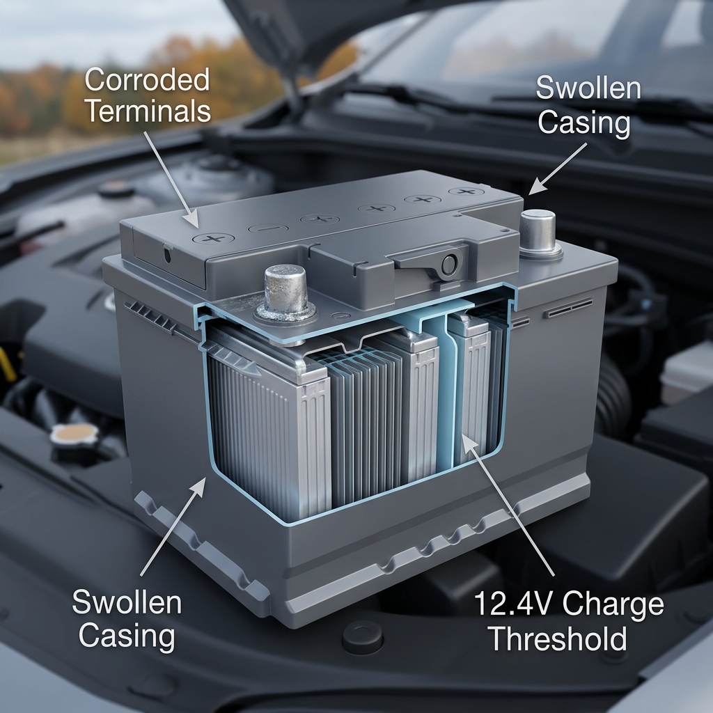 Diagram of a car battery cutaway showing swollen casing, corroded terminals, and internal 12.4V charge threshold. (Representative image for illustration purposes only. Actual vehicle may vary based on trim and configuration.)