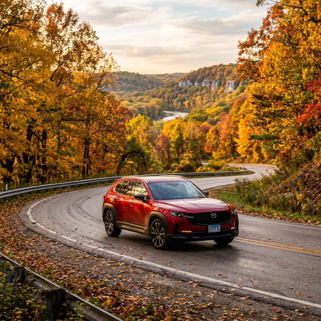 A red Mazda SUV navigating a winding road framed by vibrant yellow and orange fall foliage. (Representative image for illustration purposes only. Actual vehicle may vary based on trim and configuration.)