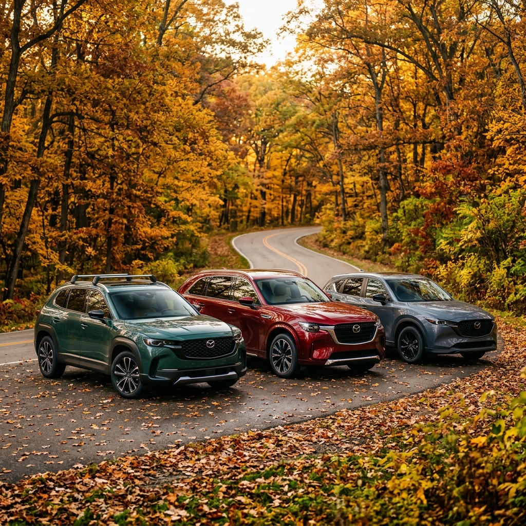 Three Mazda SUVs in green, red, and gray parked on a leaf-covered road surrounded by golden autumn trees. (Representative image for illustration purposes only. Actual vehicle may vary based on trim and configuration.)