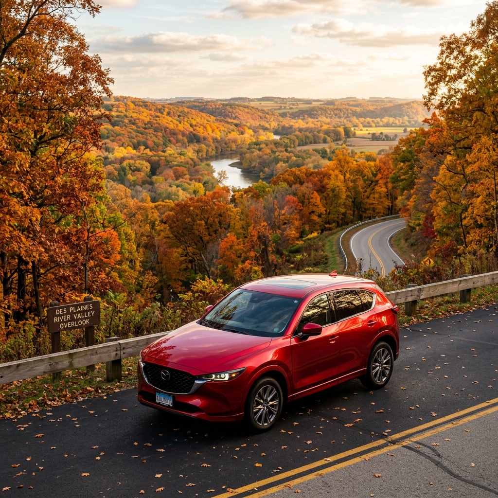 A red Mazda SUV parked at a scenic autumn overlook featuring vibrant fall foliage and a winding river. (Representative image for illustration purposes only. Actual vehicle may vary based on trim and configuration.)