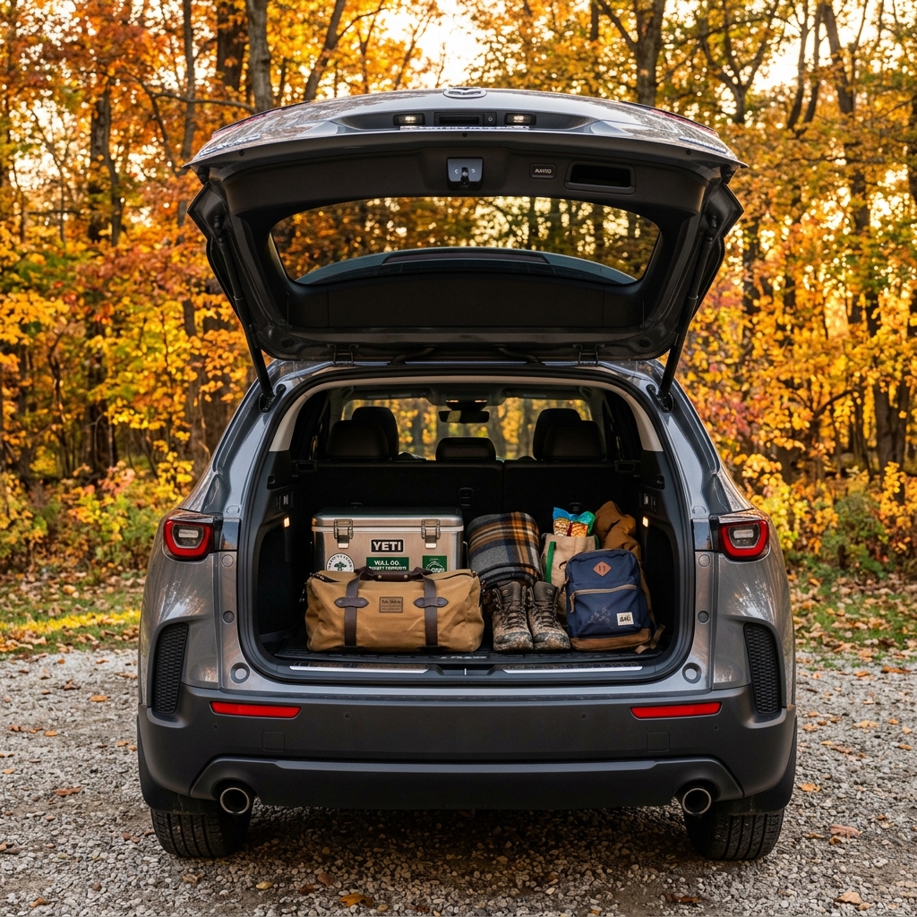 Open trunk of a grey SUV loaded with a YETI cooler, duffel bag, hiking boots, and camping gear in autumn woods. (Representative image for illustration purposes only. Actual vehicle may vary based on trim and configuration.)