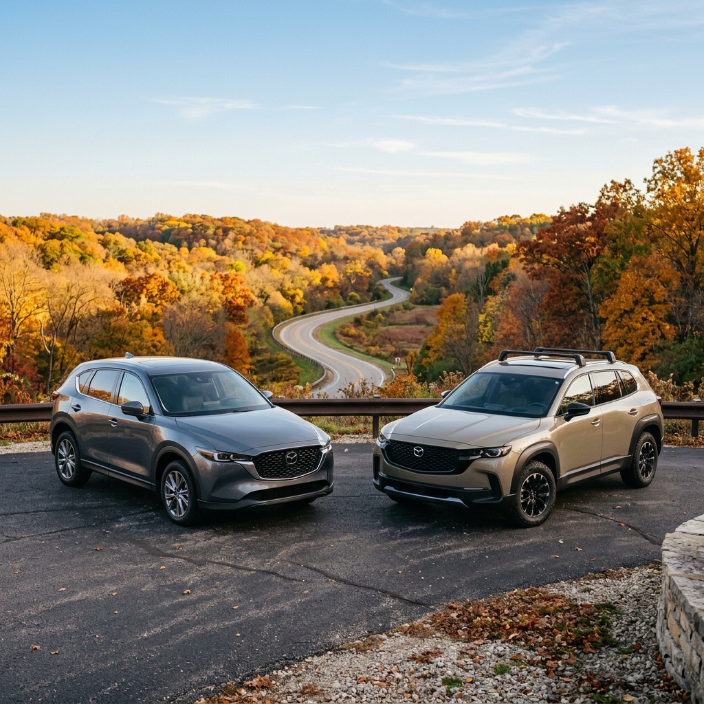 Two Mazda SUVs parked at an overlook above a winding road through colorful autumn foliage. (Representative image for illustration purposes only. Actual vehicle may vary based on trim and configuration.)