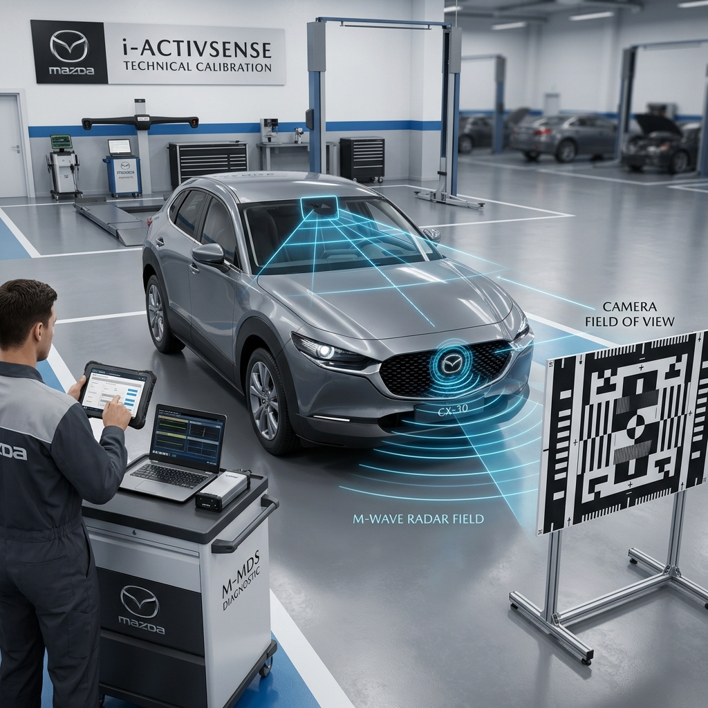 A technician calibrating the camera and millimeter-wave radar safety systems of a silver Mazda CX-30. (Representative image for illustration purposes only. Actual vehicle may vary based on trim and configuration.)