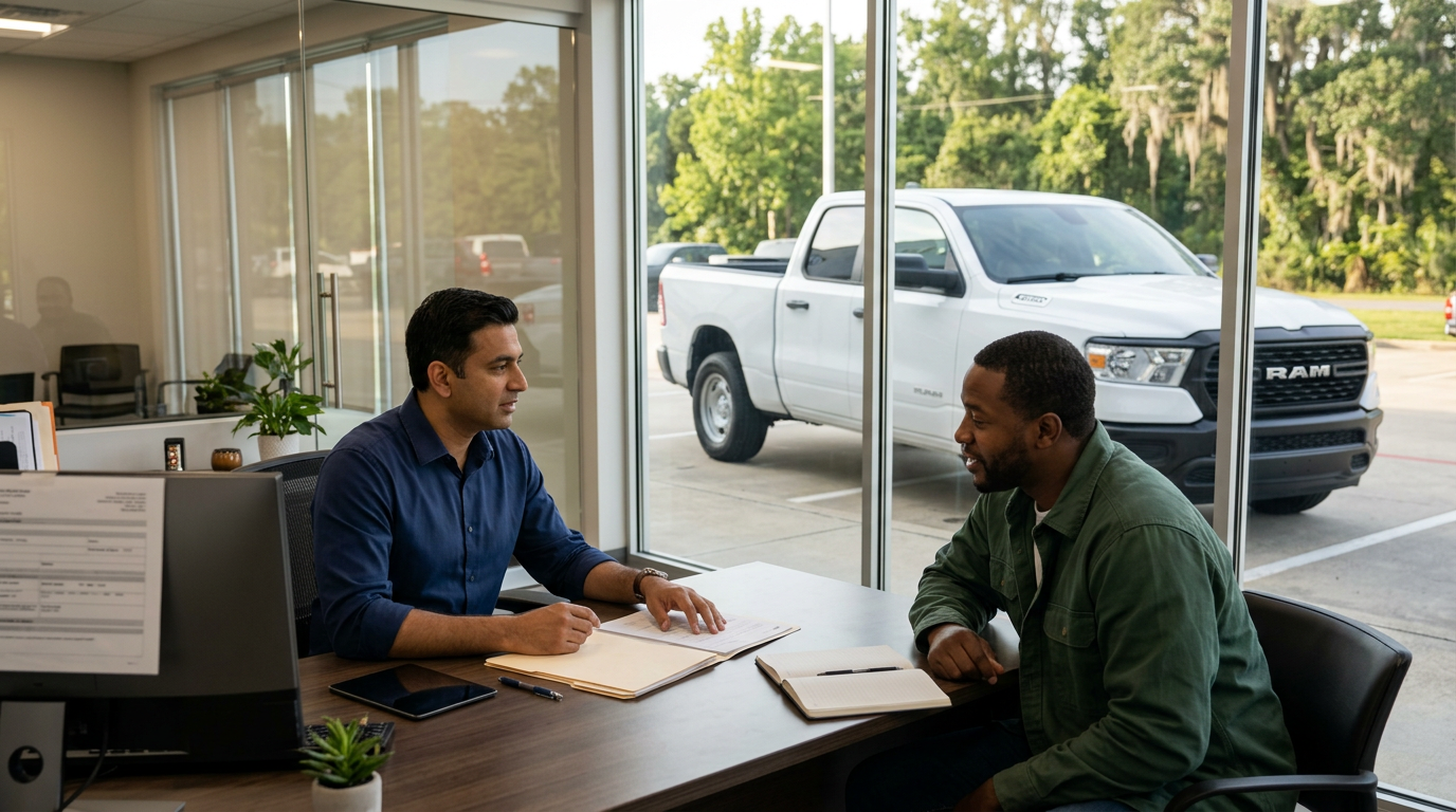 A car salesman discusses paperwork at a desk with a customer, with a white RAM pickup truck visible outside. (Representative image for illustration purposes only. Actual vehicle may vary based on trim and configuration.)