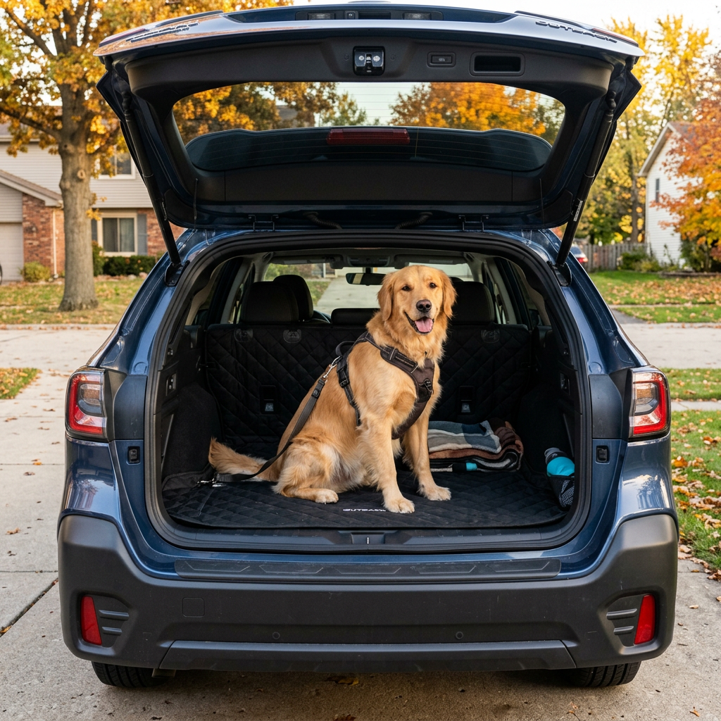Golden Retriever wearing a harness sitting happily inside the open trunk of a blue Subaru Outback wagon. (Representative image for illustration purposes only. Actual vehicle may vary based on trim and configuration.)
