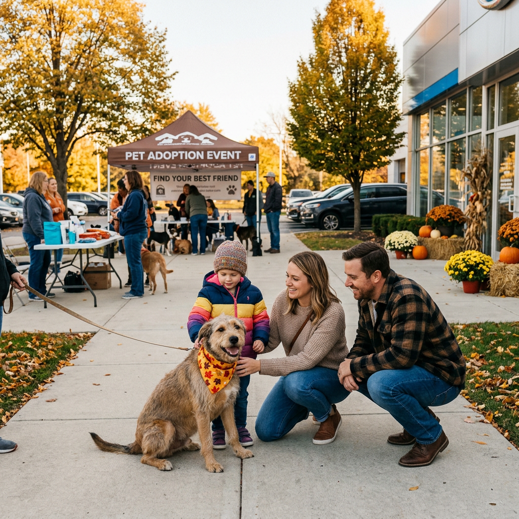 Family crouching to pet a shaggy dog wearing a fall bandana at an outdoor pet adoption event. (Representative image for illustration purposes only. Actual vehicle may vary based on trim and configuration.)