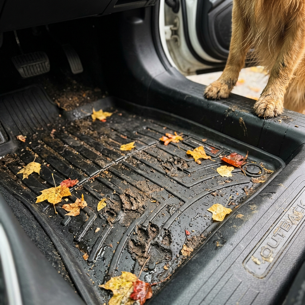 Muddy dog paws standing on a car door frame above a dirty rubber floor mat covered in mud and autumn leaves. (Representative image for illustration purposes only. Actual vehicle may vary based on trim and configuration.)