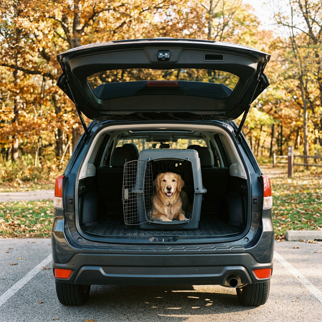 Golden retriever sitting happily inside an open dog crate in the back of an SUV parked in an autumn park. (Representative image for illustration purposes only. Actual vehicle may vary based on trim and configuration.)
