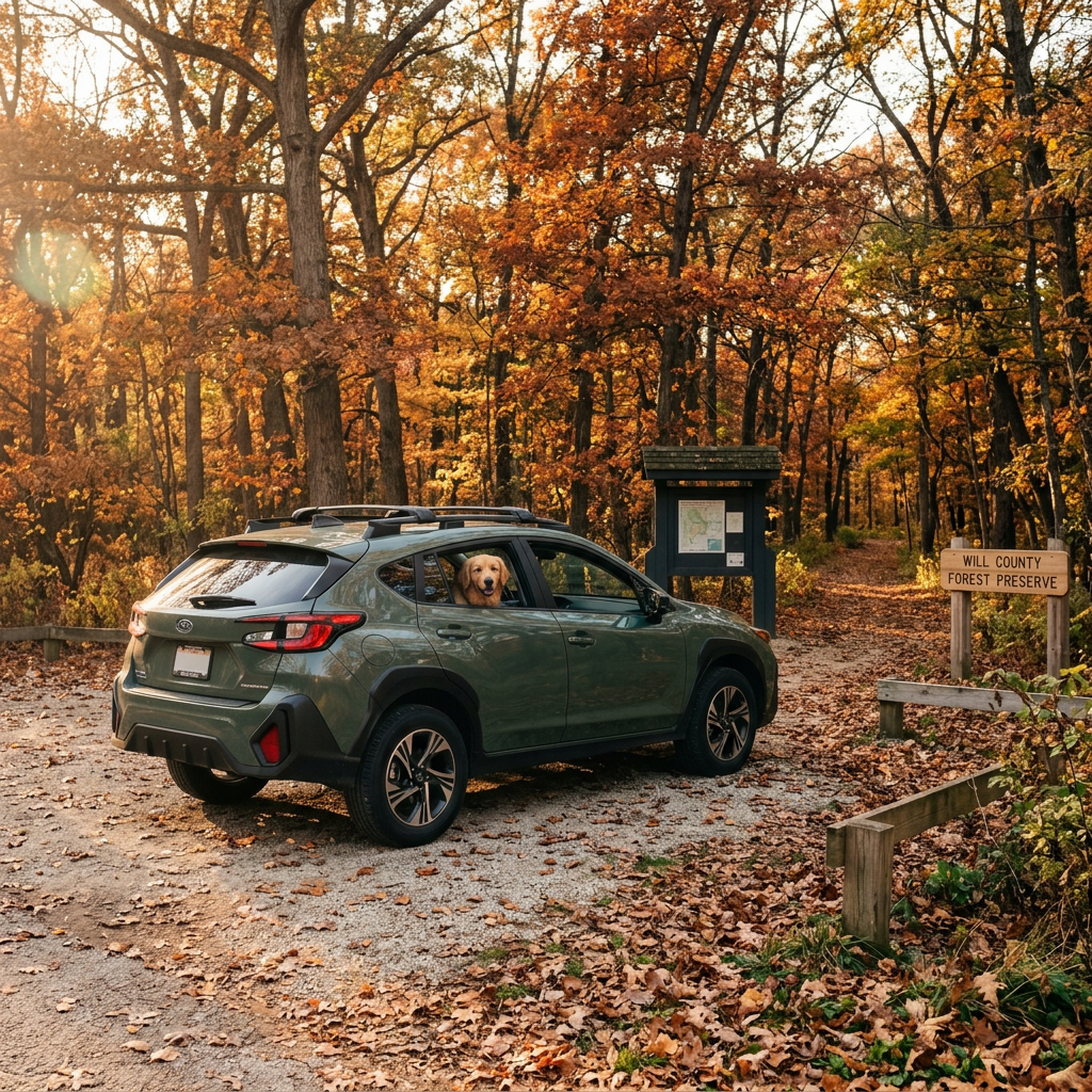 A green SUV with a dog looking out the window parked at a forest preserve entrance in autumn. (Representative image for illustration purposes only. Actual vehicle may vary based on trim and configuration.)