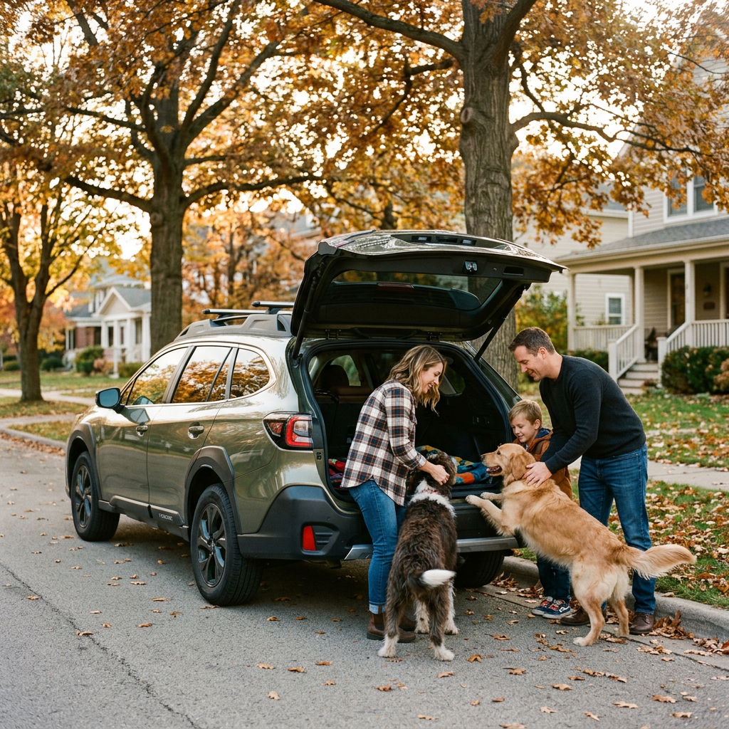 A family and their two dogs gather around the open trunk of a green SUV on a leafy suburban street. (Representative image for illustration purposes only. Actual vehicle may vary based on trim and configuration.)