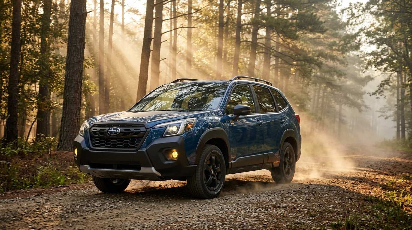 Blue Subaru SUV driving down a dirt forest path with sunlight streaming through tall trees. (Representative image for illustration purposes only. Actual vehicle may vary based on trim and configuration.)