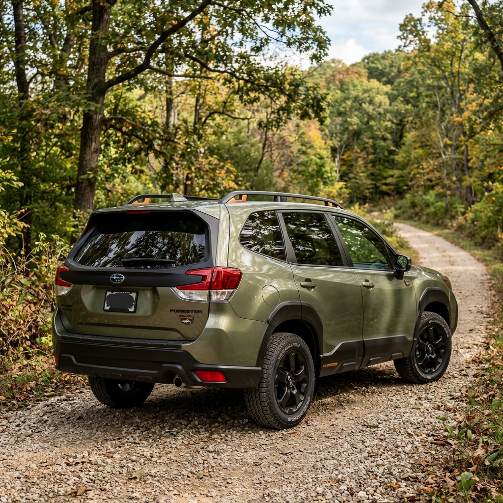 Green Subaru Forester Wilderness parked on a winding gravel trail through a dense forest. (Representative image for illustration purposes only. Actual vehicle may vary based on trim and configuration.)