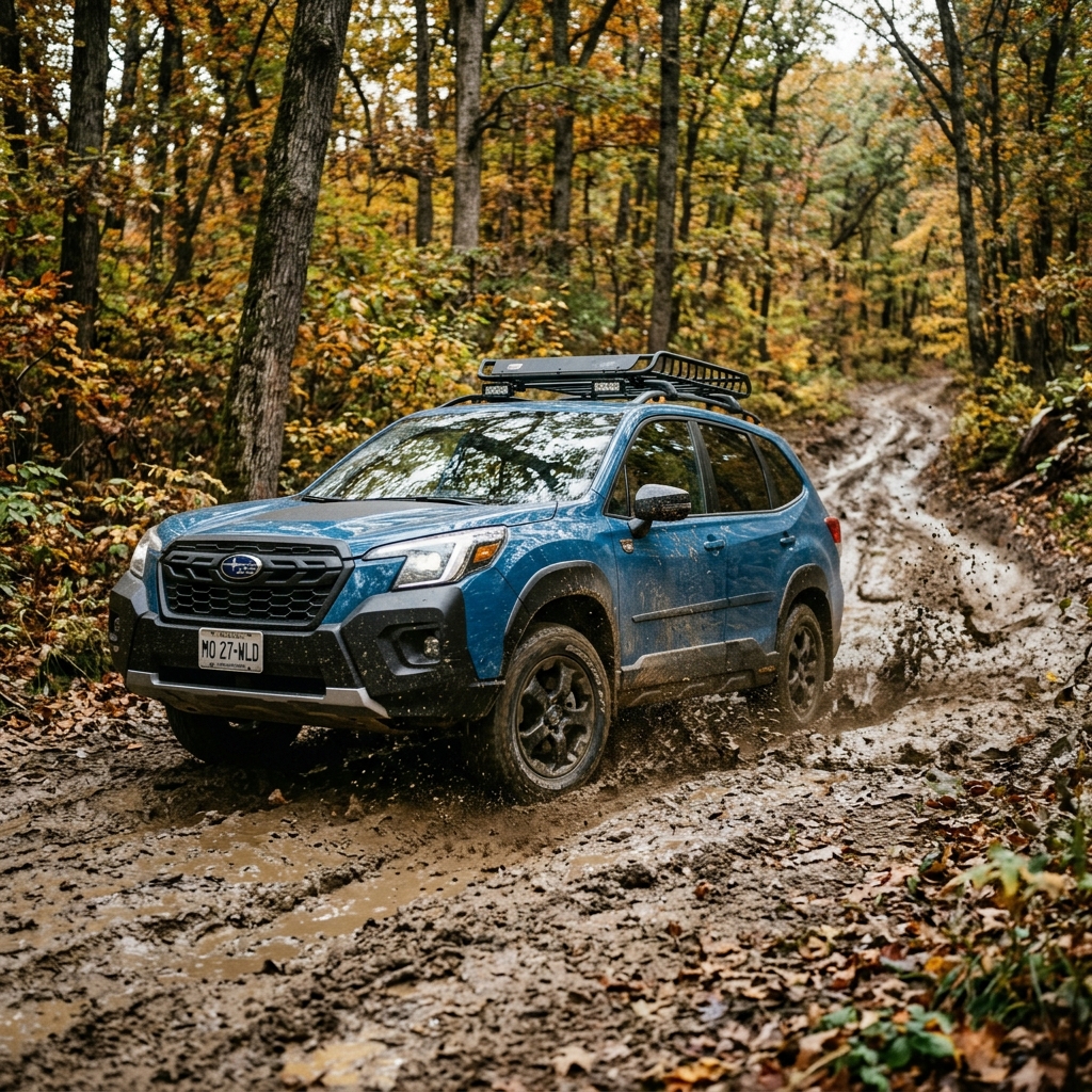 A blue Subaru Forester Wilderness driving through a deep, muddy forest track surrounded by autumn trees. (Representative image for illustration purposes only. Actual vehicle may vary based on trim and configuration.)