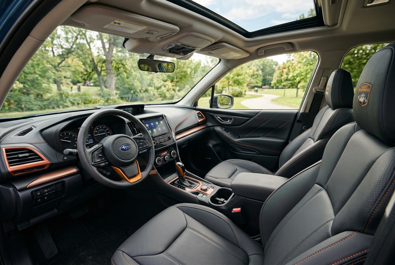 Interior of a Subaru Forester Wilderness featuring black seats with copper stitching, steering wheel, and open sunroof. (Representative image for illustration purposes only. Actual vehicle may vary based on trim and configuration.)
