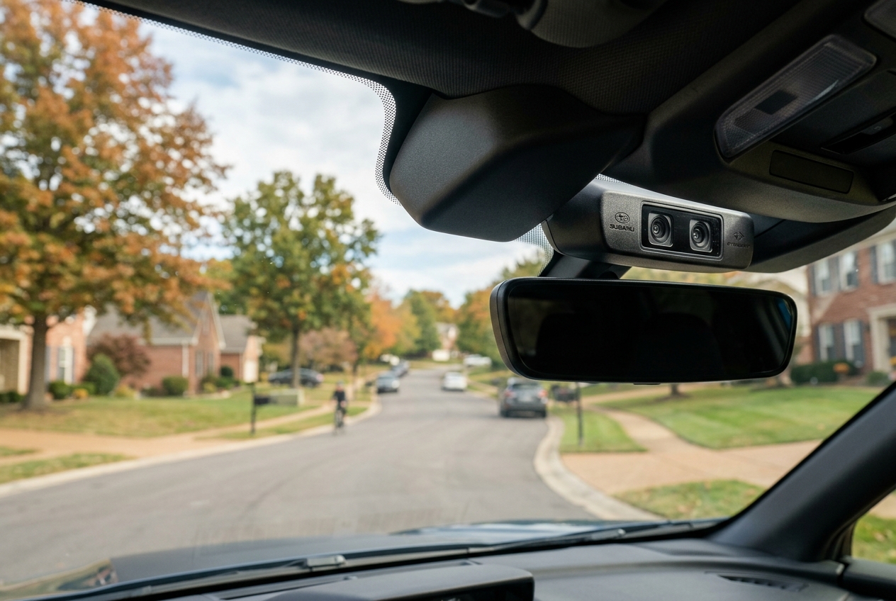 View from inside a Subaru driving down a suburban street, showing the EyeSight dual-camera system and rearview mirror. (Representative image for illustration purposes only. Actual vehicle may vary based on trim and configuration.)