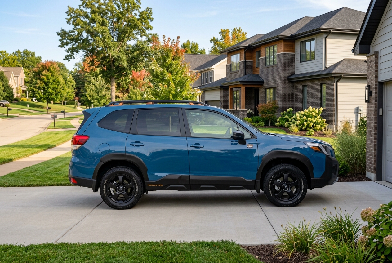 Side profile of a blue Subaru Forester Wilderness parked on a residential concrete driveway in front of a modern home. (Representative image for illustration purposes only. Actual vehicle may vary based on trim and configuration.)