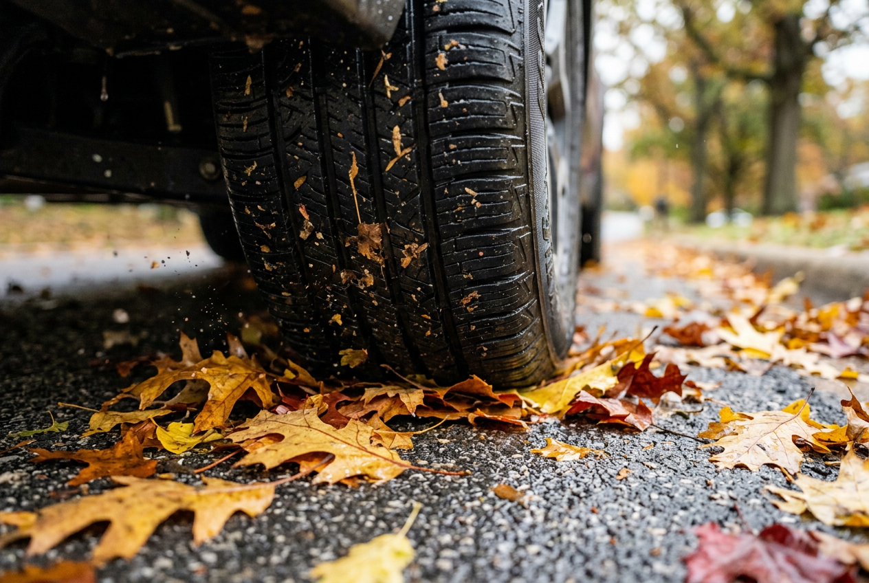 Low-angle close-up of a car tire driving over wet yellow and orange autumn leaves on an asphalt street. (Representative image for illustration purposes only. Actual vehicle may vary based on trim and configuration.)
