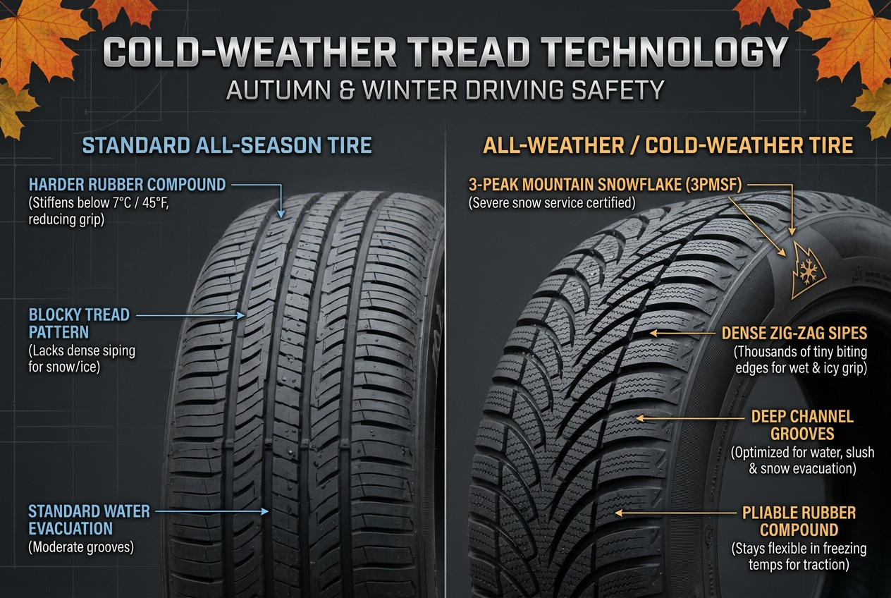 Diagram comparing standard all-season tires with cold-weather tires, highlighting tread patterns and rubber compounds. (Representative image for illustration purposes only. Actual vehicle may vary based on trim and configuration.)
