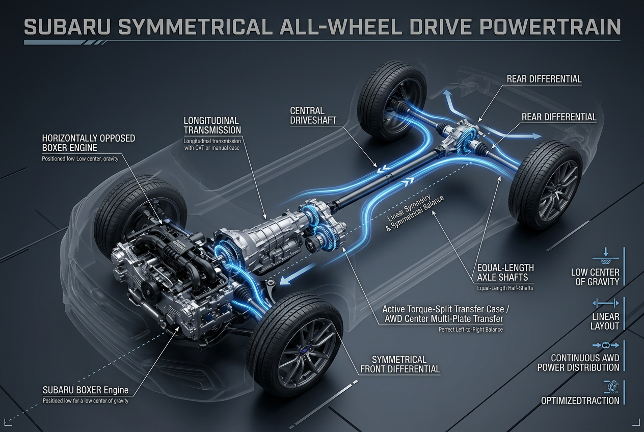 3D diagram of a Subaru symmetrical all-wheel drive powertrain showing the engine, transmission, and driveshafts. (Representative image for illustration purposes only. Actual vehicle may vary based on trim and configuration.)